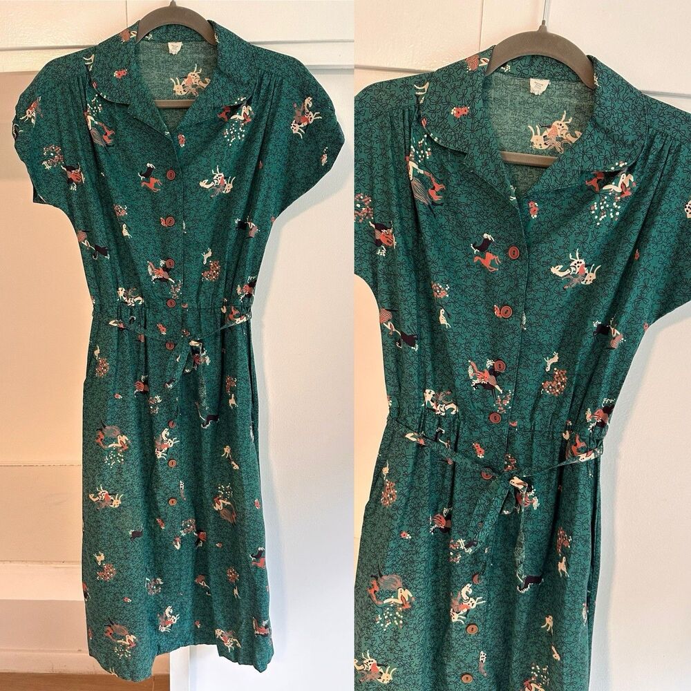 Rare Vintage 50s 60s Whimsical Horse Novelty Print Cotton Dress Matching Belt